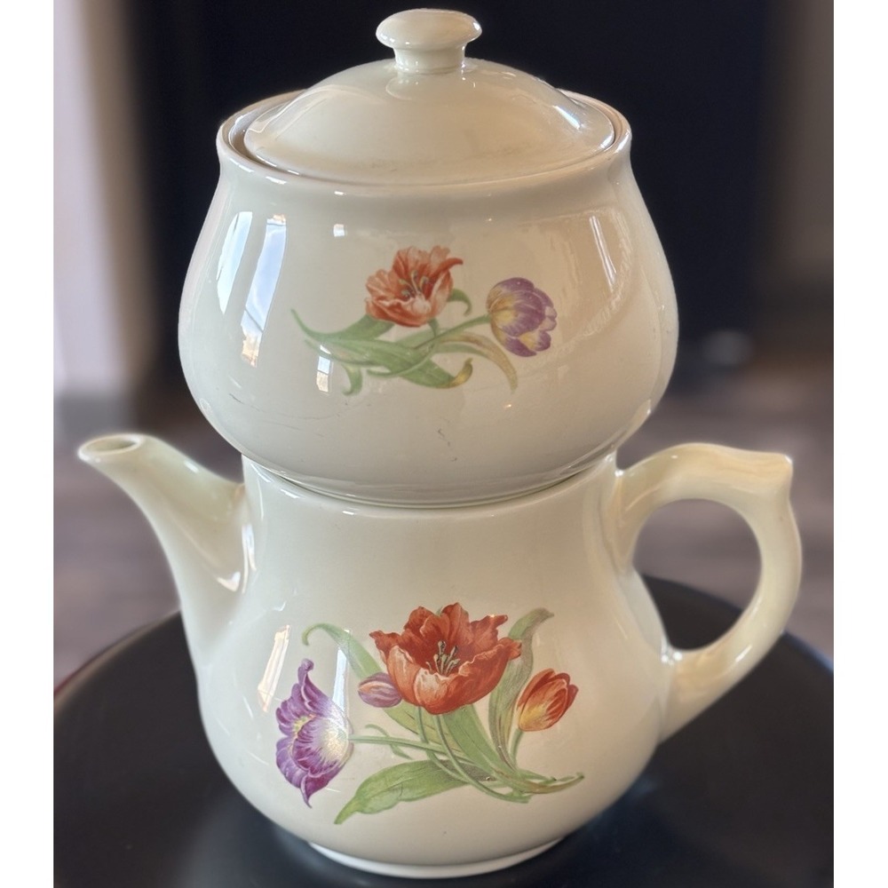 Vtg Drip O Lator Coffee Pot Hall Kadota Ceramic Teapot 4 Pieces Shaggy Tulip